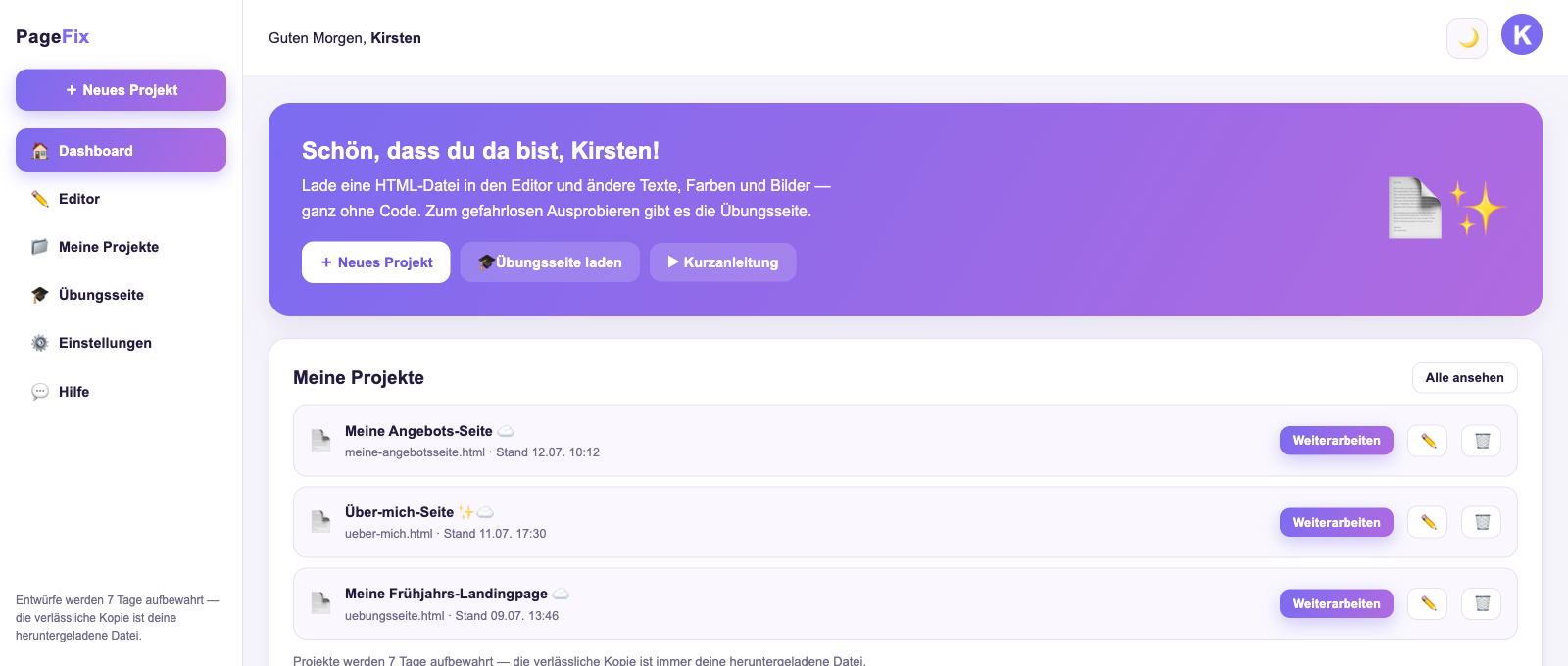 Das PageFix-Dashboard nach dem Anmelden: persönliche Begrüßung, eigene Projekte mit Stand-Datum und die Knöpfe Neues Projekt, Übungsseite und Kurzanleitung