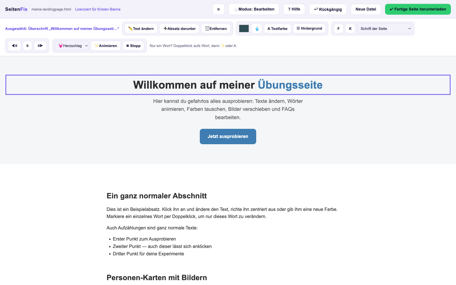 Der PageFix-Editor: Eine KI-gebaute Landingpage ist geöffnet, ein Textelement ist angeklickt und wird direkt auf der Seite bearbeitet — ohne sichtbaren Code.